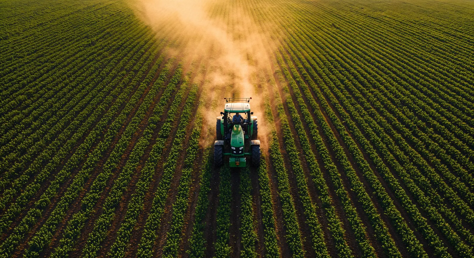 Tractor working across cultivated farmland supported by agricultural solar energy planning