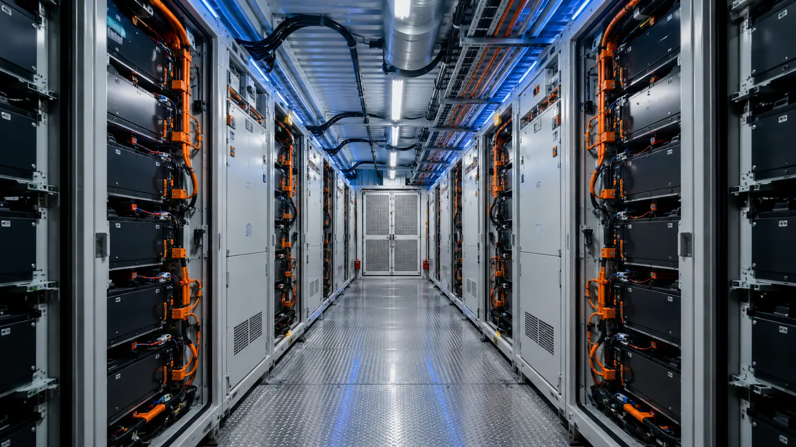 Interior battery racks inside a containerised battery energy storage system