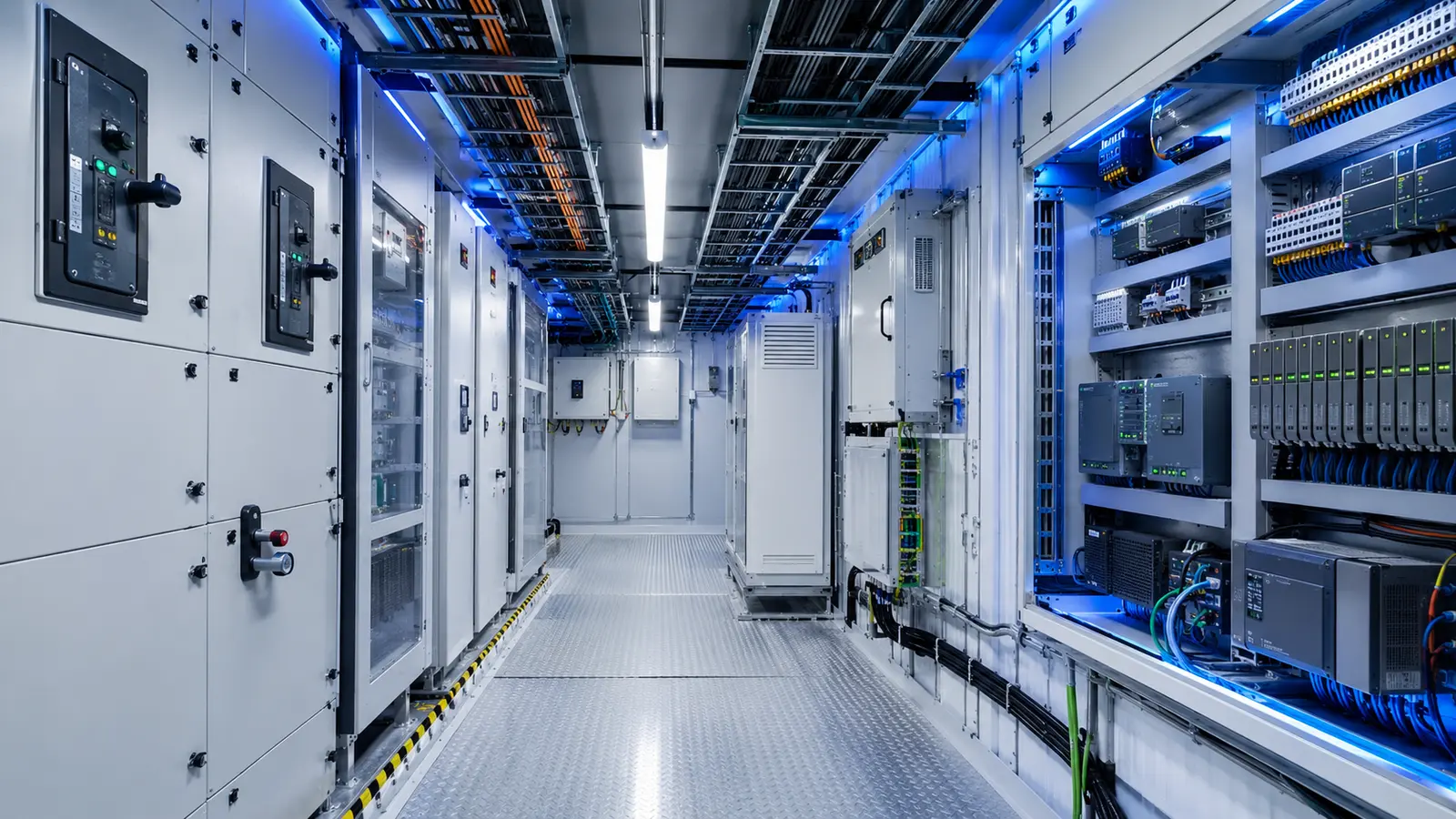 Power-conversion switchgear and controls inside a containerised energy system