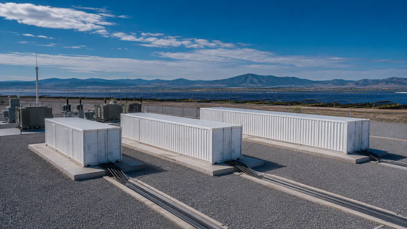 Multiple modular containerised battery systems arranged for scalable power and energy capacity