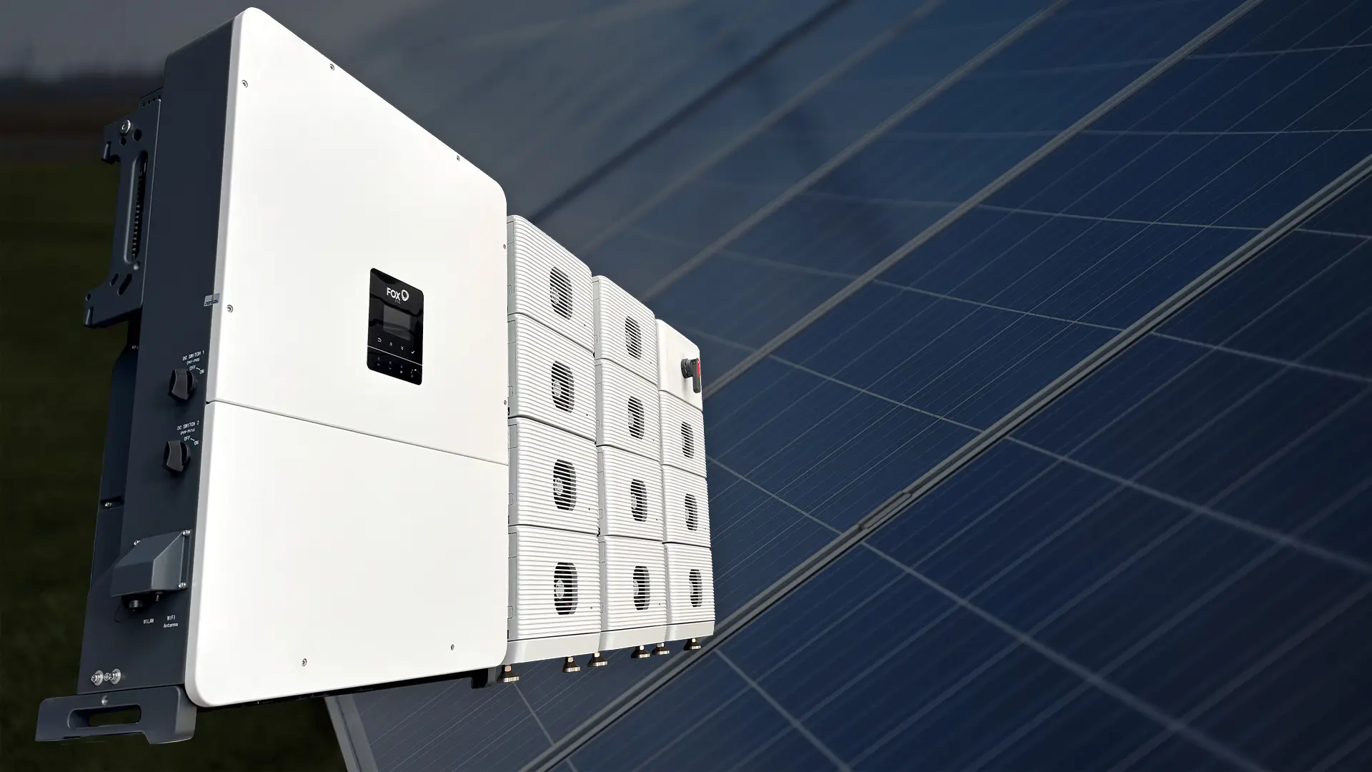 FoxESS Power Beast commercial battery energy storage system beside solar panels