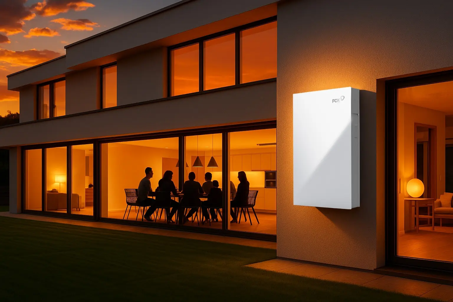 FoxESS residential solar inverter and battery storage system at a modern home