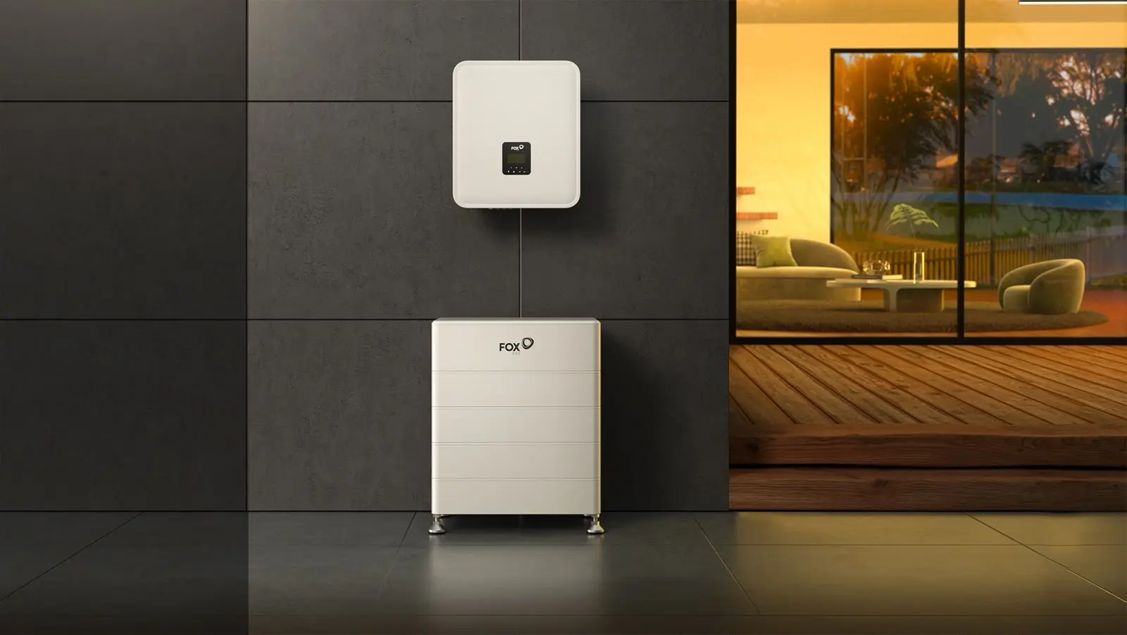 FoxESS residential hybrid inverter and modular battery system beside a modern home