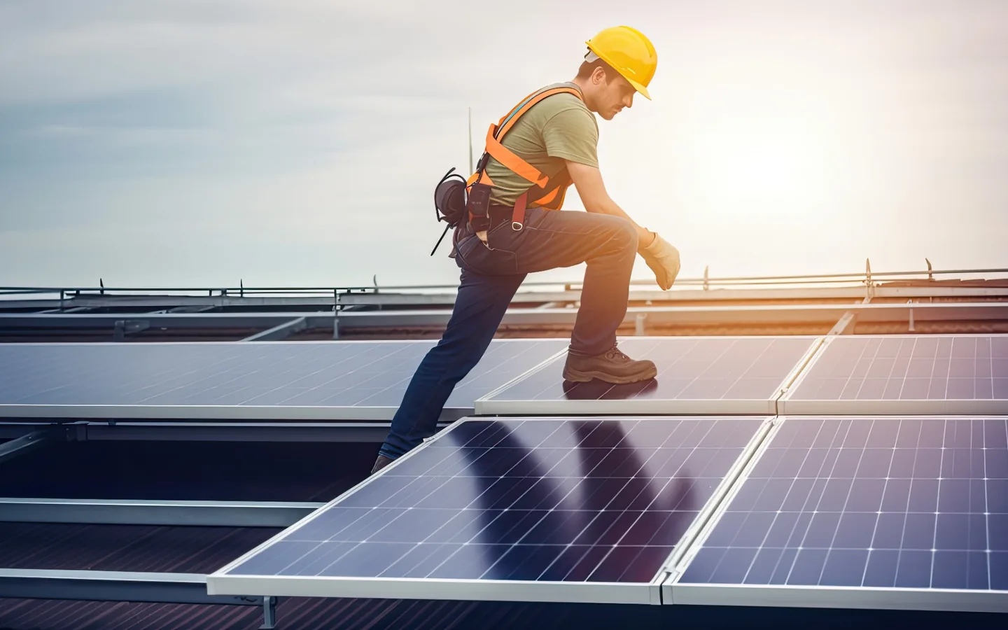 Solar installer working safely on rooftop photovoltaic panels