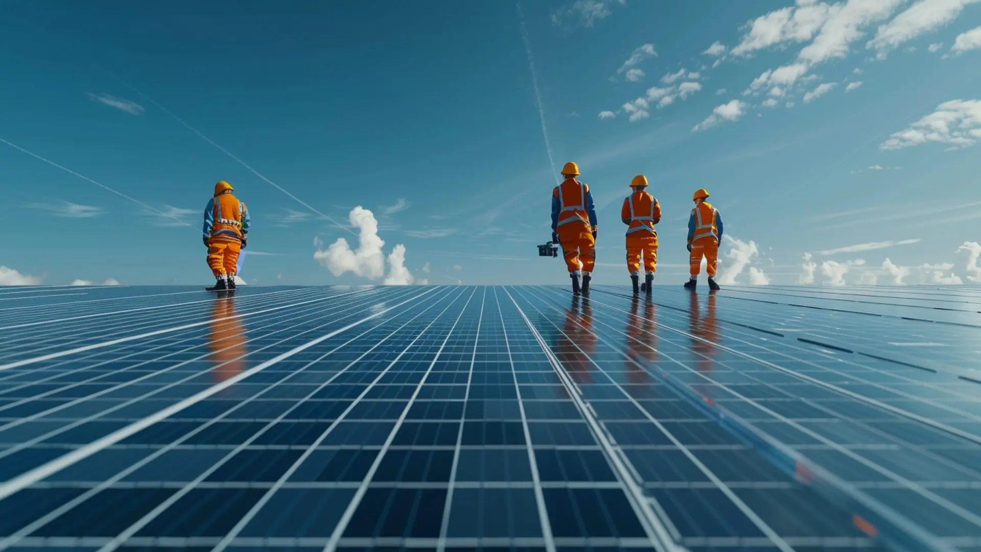 Large-scale solar installation team inspecting an extensive photovoltaic power plant