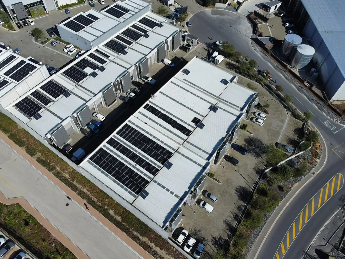 Aerial view of P&P Solar commercial and industrial rooftop solar installations