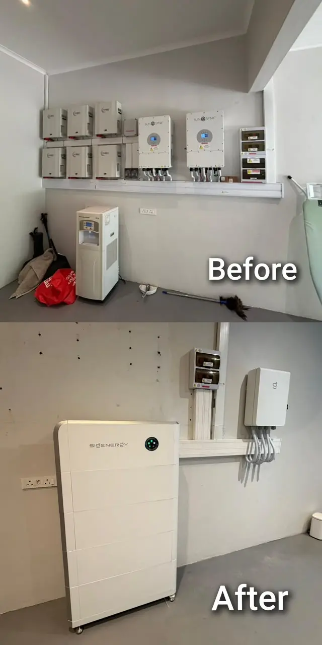 Before-and-after view of an upgraded solar battery installation