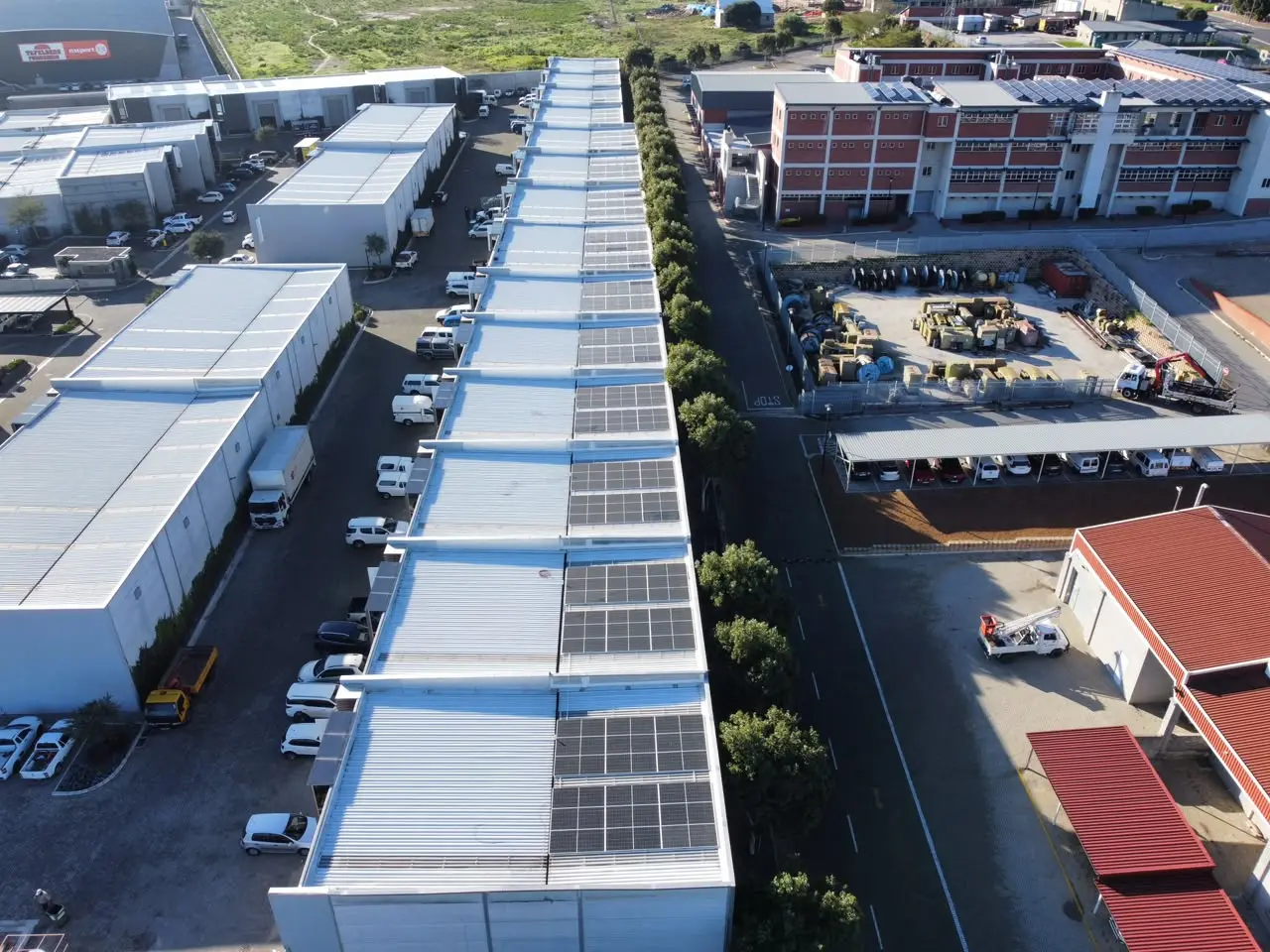 Aerial view of an industrial rooftop solar installation completed in South Africa